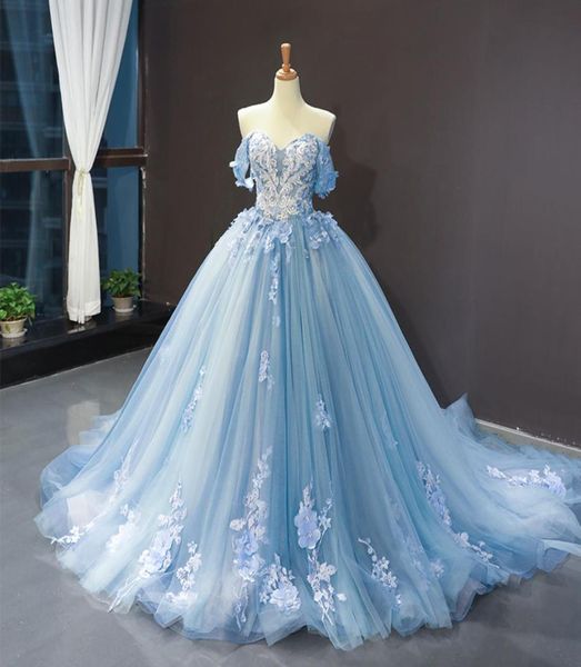 

blue colored wedding dress off the shoulder ball gown princess 3d flowers lace corset back non white bride dress romantic5718596