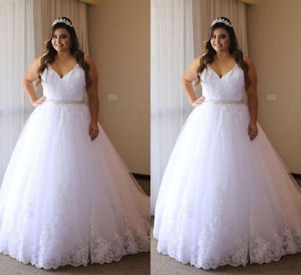 

2022 lace plus size wedding dress ball gown vneck spaghetti applique beaded waist bridal party dress wedding gowns vestidos de no8554703, White