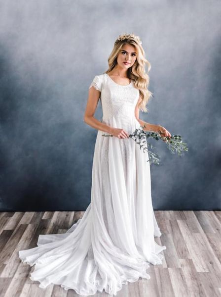 

2020 new aline lace chiffon boho modest wedding dresses with cap sleeves laceup back women country western modest bridal gown4787020, White