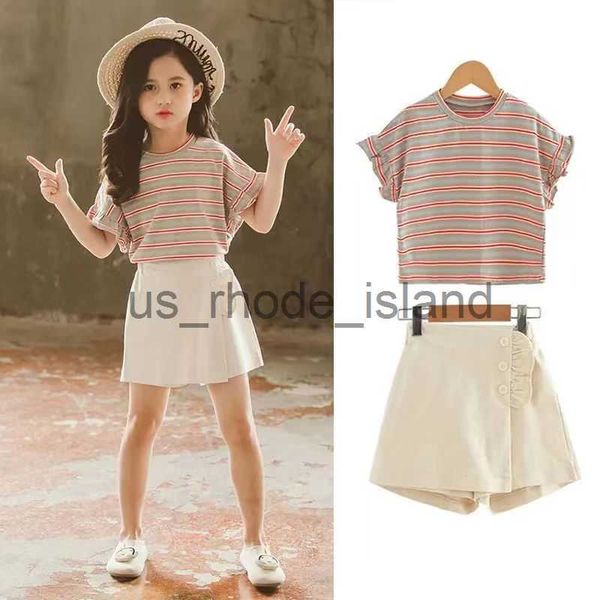 

t-shirts teenage kids girls clothing sets summer casual short sleeve t-shirts + pants 2pcs fashion children clothes suits 8 10 12 14 year x0, Blue