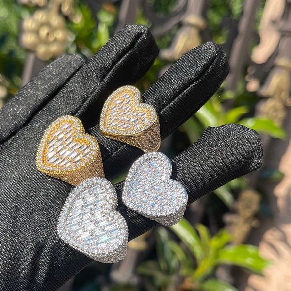 

cluster rings bubble letter baguette heart ring for women iced out charms fingers prong setting micro pave real copper hip hop jewelry 23062, Golden;silver