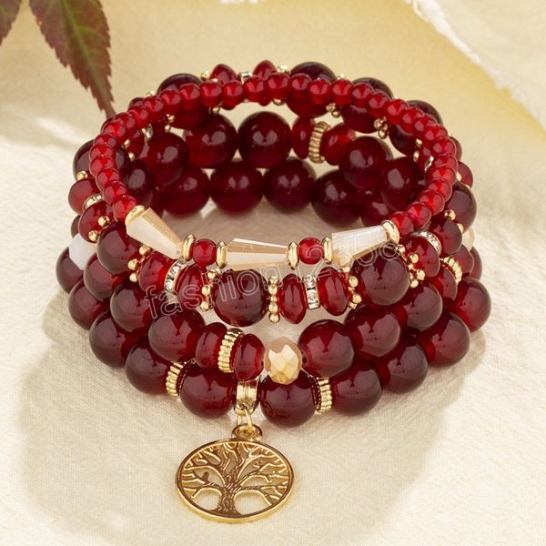 

bohemian ethnic glass beads strand bracelets for women girls fashion new tree of life charm elastic rope bracelet, Golden;silver