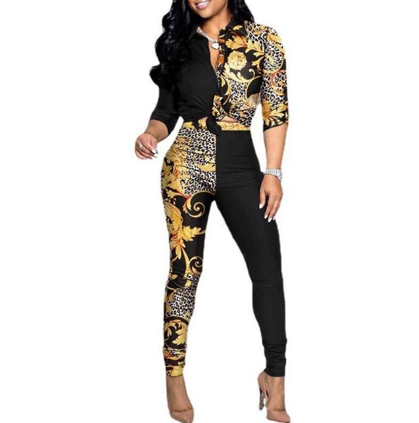 

women's set 2023 autumn new casual women's set printed long sleeve polo neck shirt casual pants women's two piece set, White