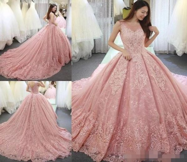 

pink quinceanera dresses 2020 lace sheer scoop neck sleeveless sweep train custom made sweet 15 16 ball gown prom formal evening w3711307, Blue;red