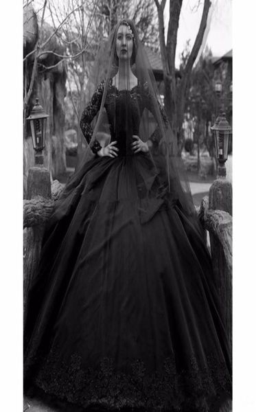 

new fashion ball gown black gothic wedding dresses white jewel long sleeves lace wedding dress custom made plus size bridal gowns1791898