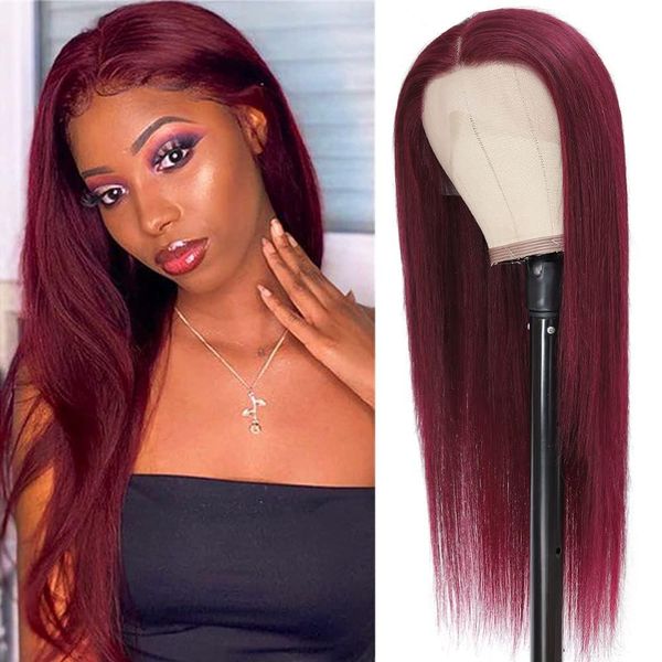 

long straight 13x4 lace wigs for black women 99j burgundy glueless straight wigs pre plucked with baby hair, Black;brown