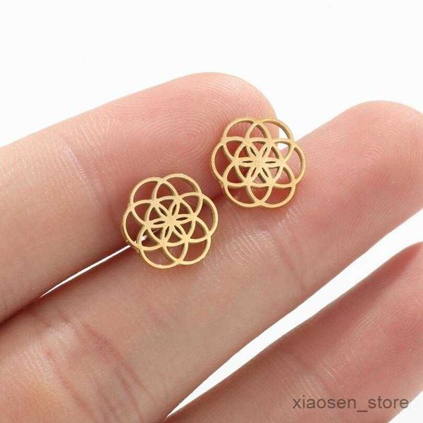 

stud smjel circle earrings stainless steel flower seed of life stud earrings for women geometry round hollow wedding jewelry r230628, Golden;silver