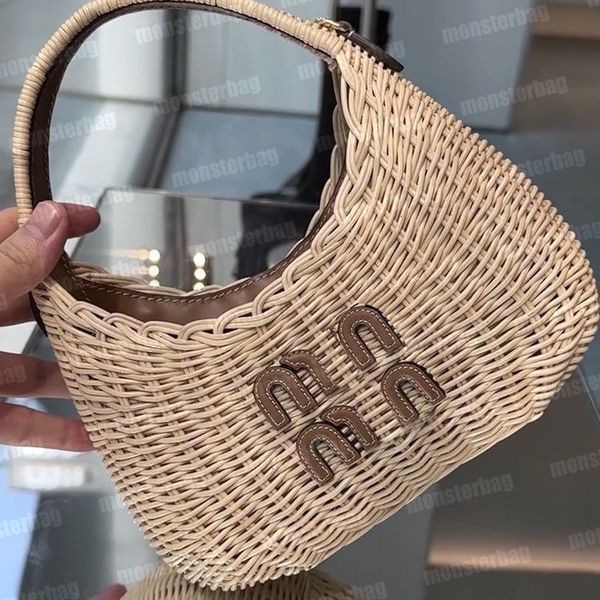 

designer miu wander wicker handbag beach crochet hobo bag shoulder with strap moon bags matelasse mini luxury lady women soft pleated tote