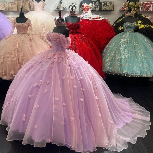 

pink off-shoulder quinceanera dress beading crystal 3dflower tull ball gown vestidos de 15 birthday party gowns corset, Blue;red