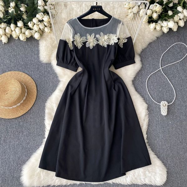

french retro hepburn style beaded flower mesh splicing bubble sleeve little black dress waist shrinking thin dress, Black;gray