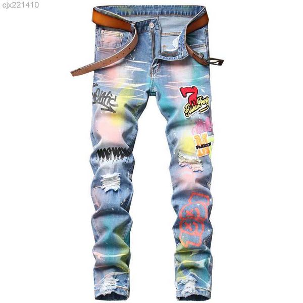 

splattered ink colorful printing patch jeans small micro-elastic trendy pants male pantalons pour hommes g55j, Blue