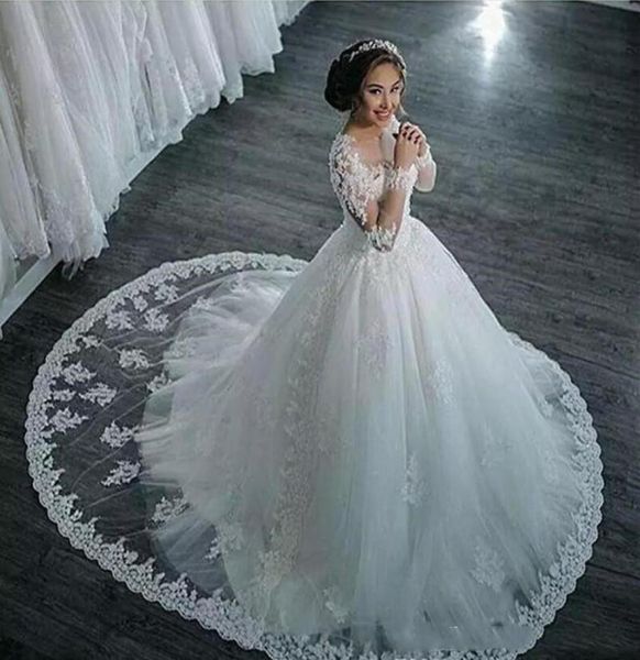

dubai vintage lace wedding bridal dresses sheer neck chapel length long sleeves wedding gowns plus size illusion beaded bridal gow2705645, White