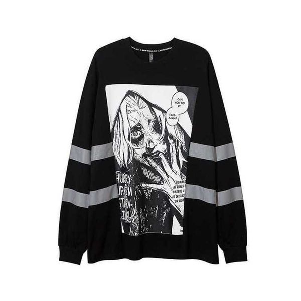 

fengchun autumn new gothic long sleeve printed t-shirt reflective high street hip hop street sweater for men, White;black
