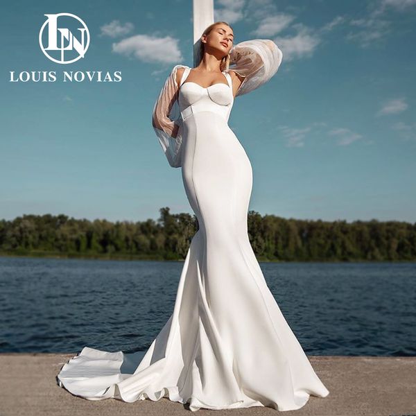 

mermaid wedding dress with wrap 2023 long sleeve spaghetti straps sweetheart satin dress for bride vestidos de novia, White
