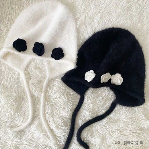 

caps winter cute knitted lace-up flower cap women with ear protection hats velvet beanie caps r230628, Blue;gray