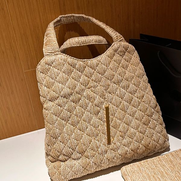 

women canvas handbag large capacity tote bag underarm bag rhombic pattern beige quilting thread hardware letter lining zipper commuting zipp