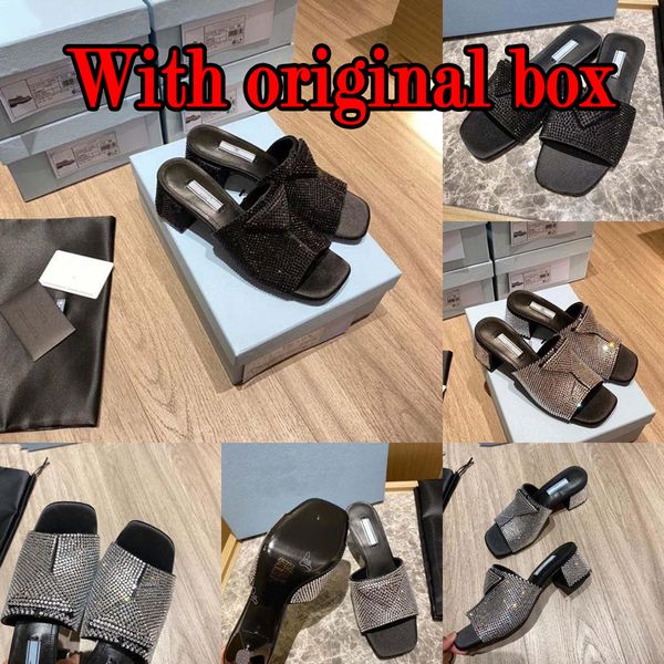 

designer slippers sandals women's fashion triangle flats brand high heeled formal shoes drill slippers beach with dust bag original box, Black