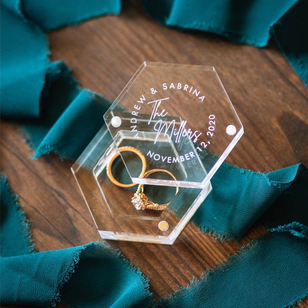 

jewelry boxes personalised hexagon transparent acrylic jewelry storage custom text names ring box can put wedding rings earring for the girl, Black;white