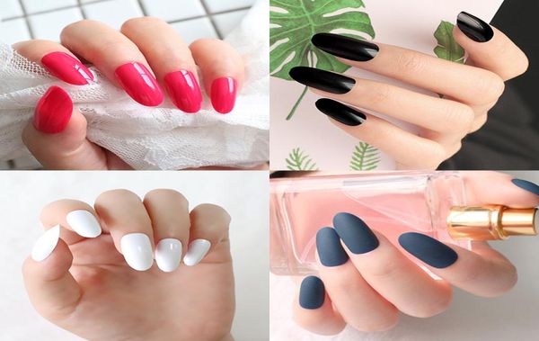 

new 5 sets x 24pcs long oval fake nails art almond round head false nail tips round design white black clear flesh natural tips2905657, Red;gold