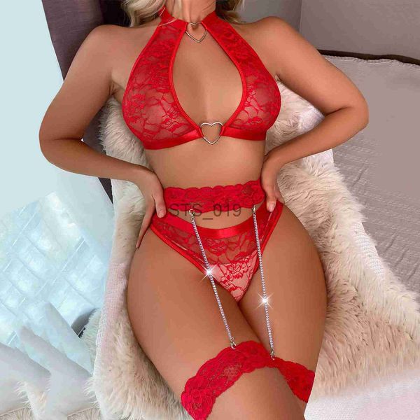 

briefs panties women's flower lace heart ring love foot ring underwear set 3-piece lace bra set women mesh patchwork chain lingerie x06, Red;black