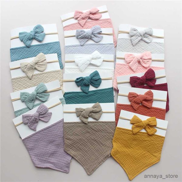 

bibs burp cloths 2pcs/set muslin cotton baby bib bow headband adjustable button triangle saliva towel solid infant boy girl feeding burp clo
