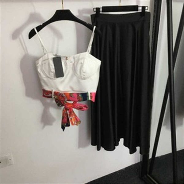 

womens design two piece set black half skirt floral pattern lacing bralette camisole high-waisted breathable half-skirt leisure clothing 55, White