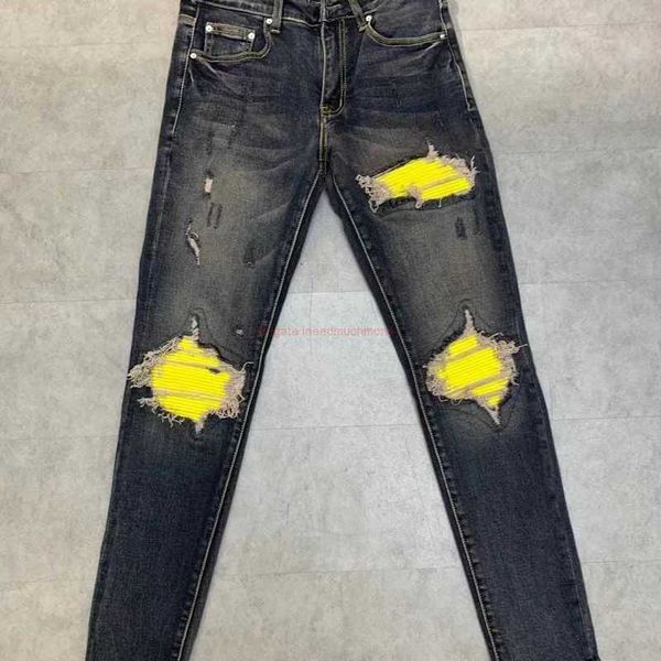 

designer clothing amires jeans denim pants amies trendy brand washed hole made old patch mx1 elastic slim fit mens bz13, Blue