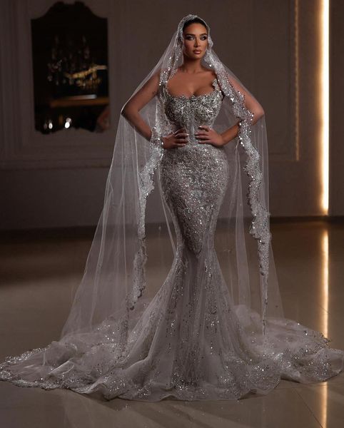 

luxury mermaid wedding dresses sleeveless v neck appliques sequins 3d lace diamonds crystals strapless beads floor length bridal gowns custo, White