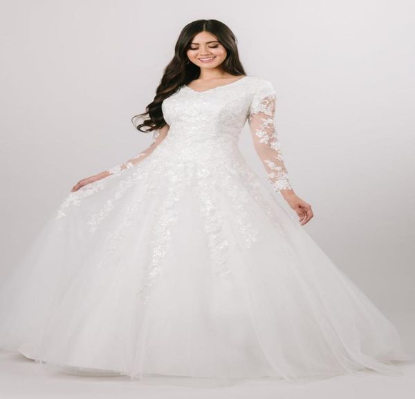 

2020 new aline modest wedding dresses with long sheer sleeves v neck sequined lace tulle dropped waist buttons back religious bri7705951, White