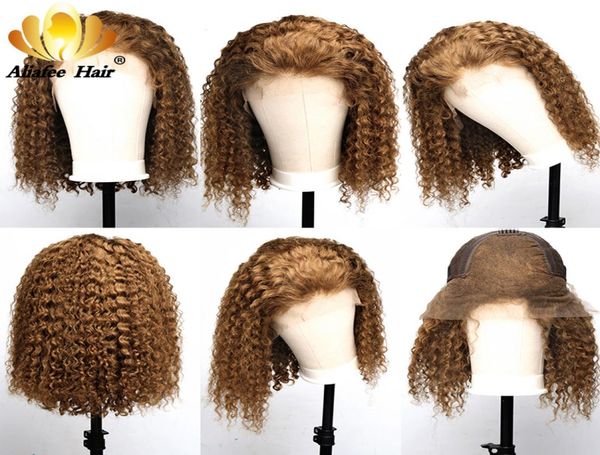 

30 ombre color short curl lace front human hair wigs pre plucked remy hair with baby bob wigs 150 density 13x4 front2440894, Black;brown