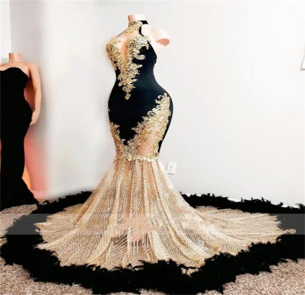 

2023 black girls mermaid prom dresses satin beading sequined high neck feathers luxury skirt evening party formal gowns bc14825 033841871