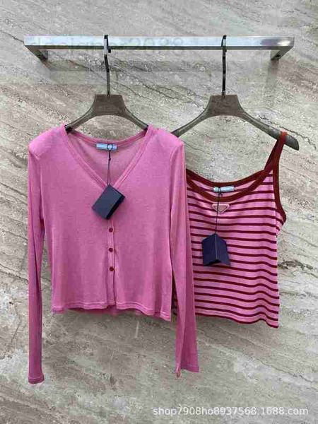 

women's knits & tees designer 23 spring/summer new tencel wool stripe triangle decorative hooded cardigan vest set a4fj, White