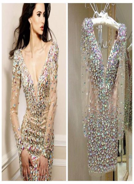 

bling rhinestone cocktail dresses party gowns deep v neck long sleeve short prom dress special occasion dresses for women rea3337225, Black