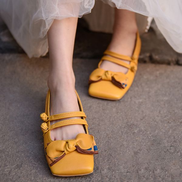

boots artmu square toe shoes for women yellow bow loafers genuine leather flats mary jane button elegant luxury girls 230628, Black
