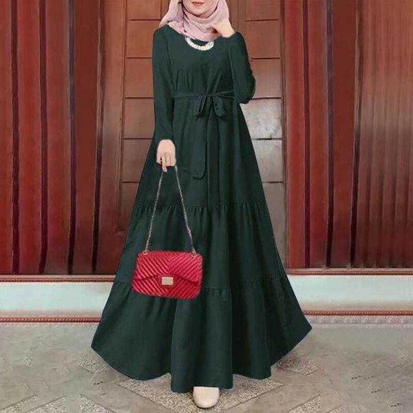 

2310# new muslim women's clean color long sleeve multi layered splice waist ruffle hem women's dress, Black;gray