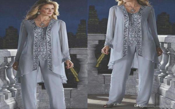 

2019 new mother of the bride groom 3 piece pant suit silver chiffon beach wedding mothers dress long sleeves beads formal evening 5574184, Black;red