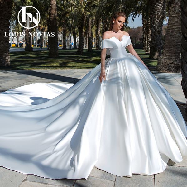 

satin ball gown wedding dress for bride 2023 off the shoulder boat neck cathedral train backless wedding gown for special occasions vestidos, White