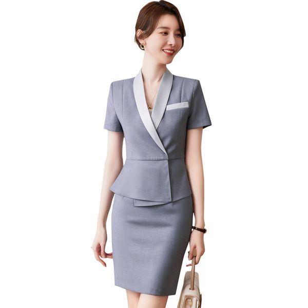 

two piece dress women blazer and skirt set suit business full sleeve jacket plaid formal career ladies office uniform, White