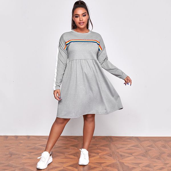 

plus size dresses size long sleeve spring autumn casual dress rainbow print striped aline female large loose midi 230627, Black