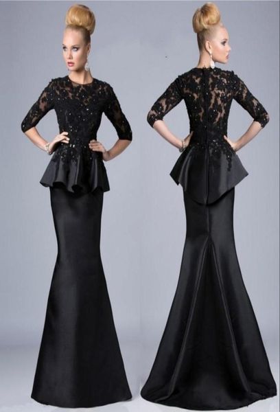 

mother of the bride dresses mermaid jewel neck 34 sleeves lace appliques beaded peplum plus size party dress black evening gowns7754933, Black;red