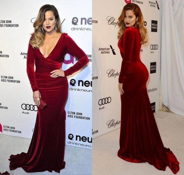 

burgundy v neck long sleeve mermaid velvet fabric evening dresses charming celebrity gowns prom dress 2014 custom mad6802492, Black;red