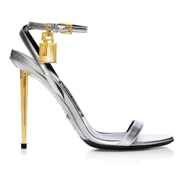 

naked leather sandals women high heels sandal shoes padlock wedding party dress gold heels ankle strap gold-lock and key 35-43, Black