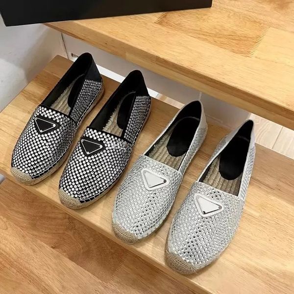 

2023 p branded triangle women casual shoes flat espadrilles rhinestone crystal embellished loafer fisherman shoe sandals summer straw sole c, Black
