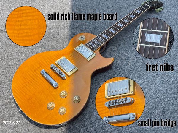 

electric guitar solid flame maple board hh chrome cover no pickguard small pin bridge headstock 2 wings fret nibs nitro semi glo