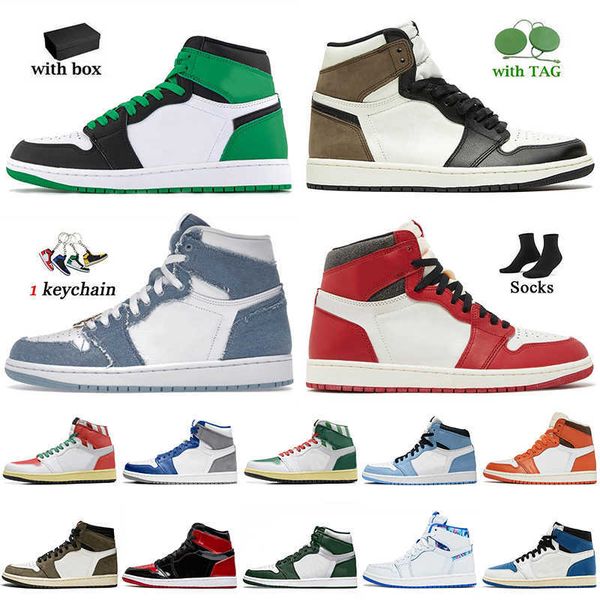 

box with jumpman 1 1s basketball shoes bred patent lost found medium grey twist 2.0 midnight navy gorge lucky green university blue mocha br, Black