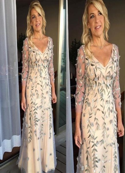 

gorgeous aline mother of the bride dresses vneck long sleeve 3d floral appliqued wedding gown chiffon ruched floorlength mother9412429, Black;red