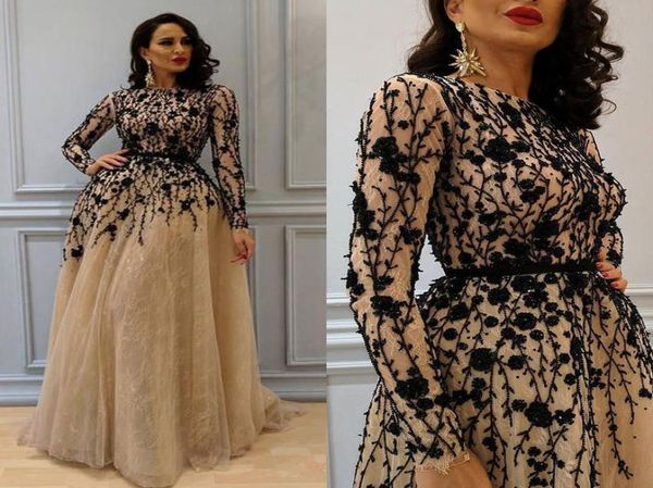 

gorgeous beading prom gown with long sleeves flowers lace crew neckline evening dresses champagne elegant womens dress plus size f2279553, Black