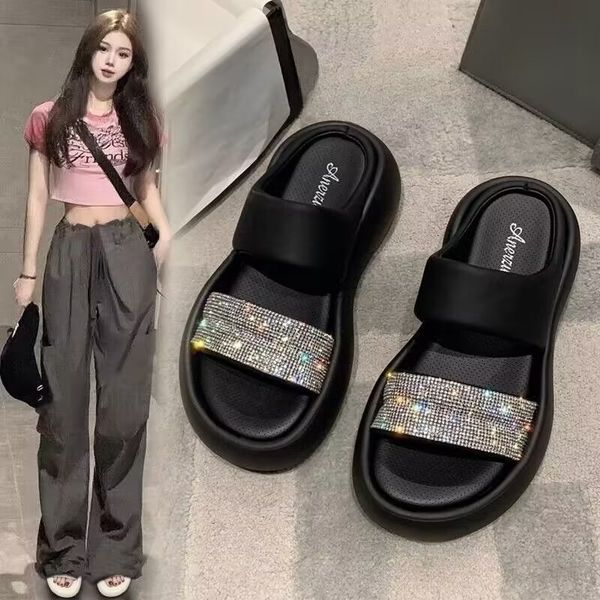 

women's slippers summer fashion thick soled sequins comfortable soft beautiful personality temperament beach sandals, Black