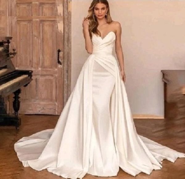 

elegant detachable satin wedding dress strapless bride vestidos de novia robe de mariee factory custom made gown1540456, White