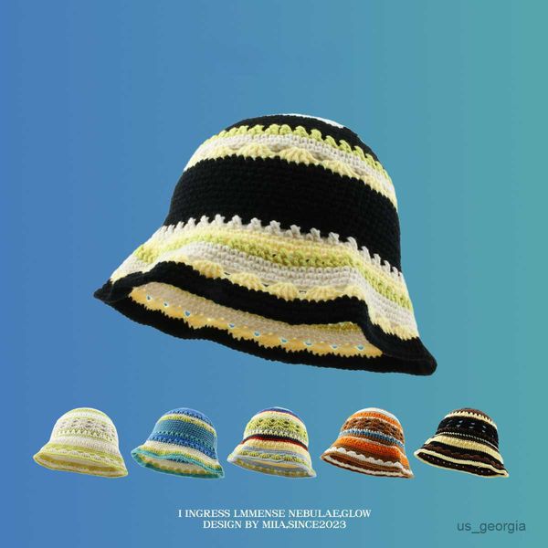 

caps crochet knitted hollow contrasting bucket hat summer thin basin hat sunscreen sun hat r230628, Blue;gray